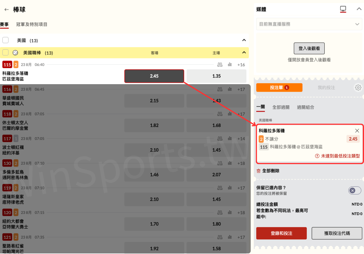 台灣運彩 MLB 不讓分下注教學示意圖，選擇科羅拉多落磯對匹茲堡海盜，點擊客隊賠率 2.45 加入投注單。