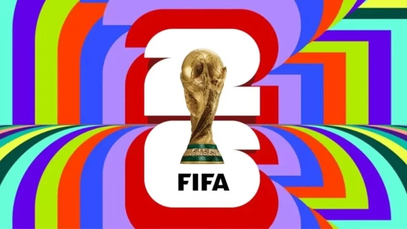 2026年FIFA世界盃官方Logo設計，金色大力神盃搭配彩色背景，象徵世足賽盛事