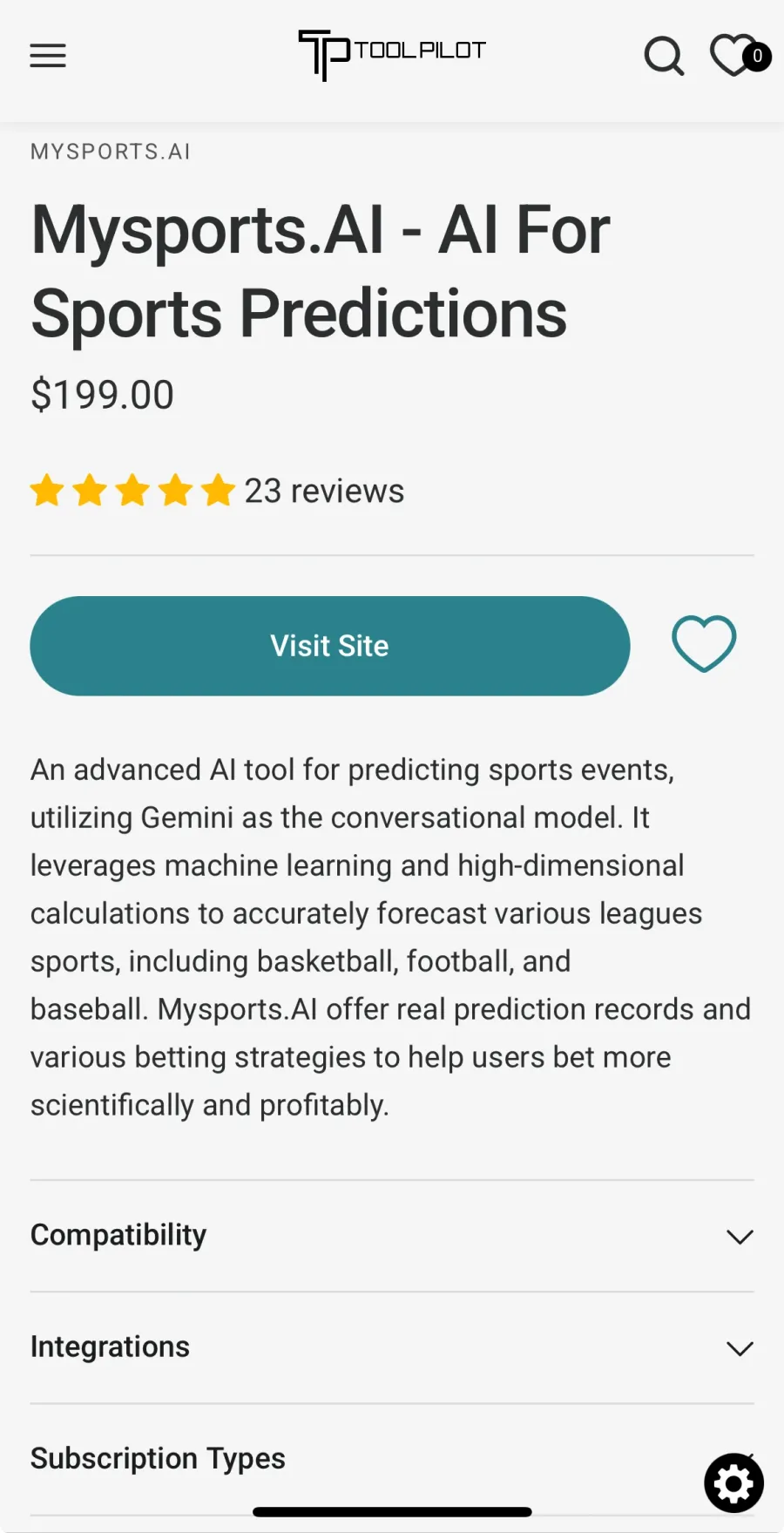 Mysports.AI 世界盃在 ToolPilot 網站上的工具介紹頁面截圖,顯示 AI 體育預測服務、價格、評價與功能描述。