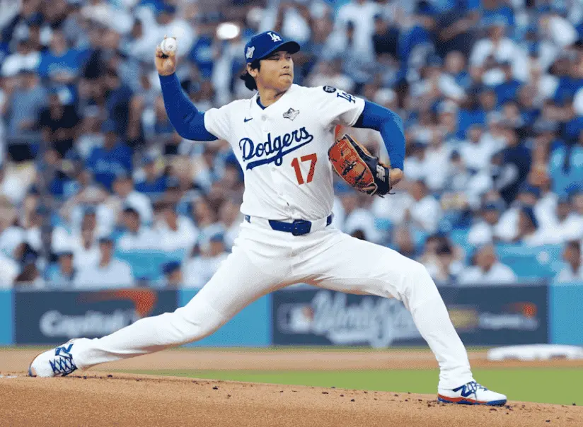 MLB洛杉磯道奇投手大谷翔平於2025賽季登板投球，展現標誌性投打二刀流姿態。