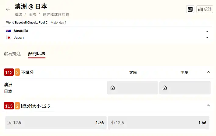 WBC 澳洲 vs 日本 賠率盤口分析 總分大小12.5
