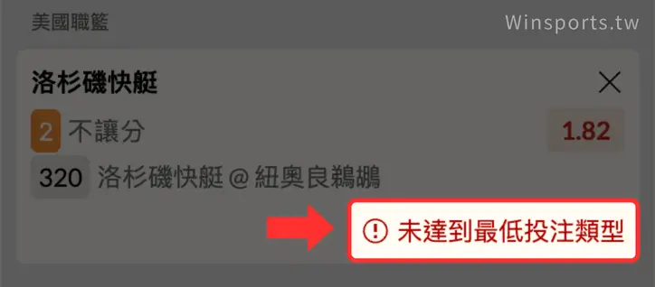 台灣運彩投注畫面出現「未達到最低投注類型」提示,表示目前投注選項尚未符合最低過關或下注條件。